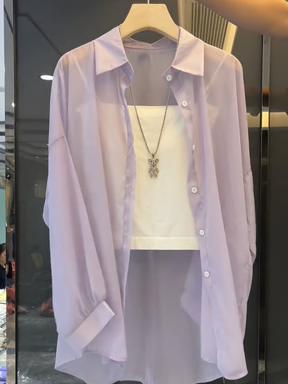 Damen Zweiteiliges Set – Transparentes Oversize-Hemd mit Bandeau Top, Modernes Layering-Outfit