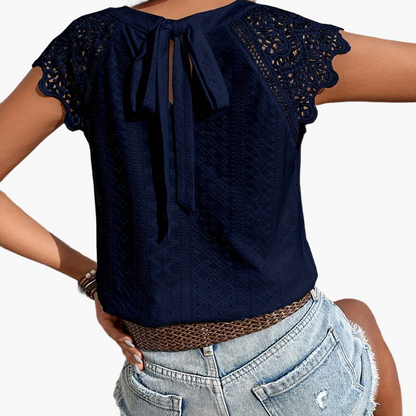 Damen Spitzenbluse mit Rückenschleife und Häkelärmeln – Sommer Casual Oberteil