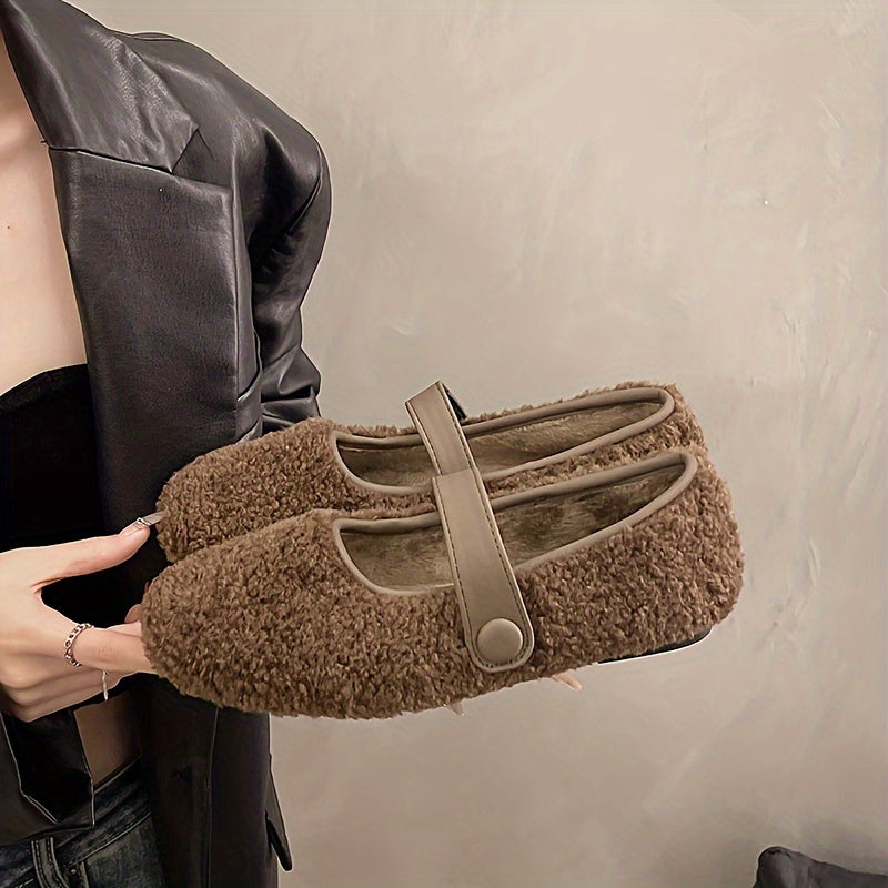 Damen Mary Jane Ballerinas Plüsch-Look mit Riemen und Knopfverschluss