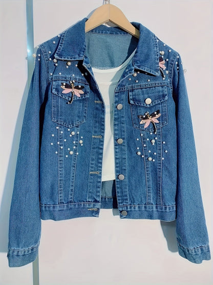Jeansjacke Damen Blau mit Perlen und Stickerei