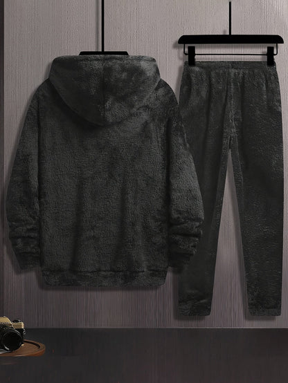 Hyggeligt hættetrøje- og joggingbuksesæt til mænd, plys, sort, smiley-motiv