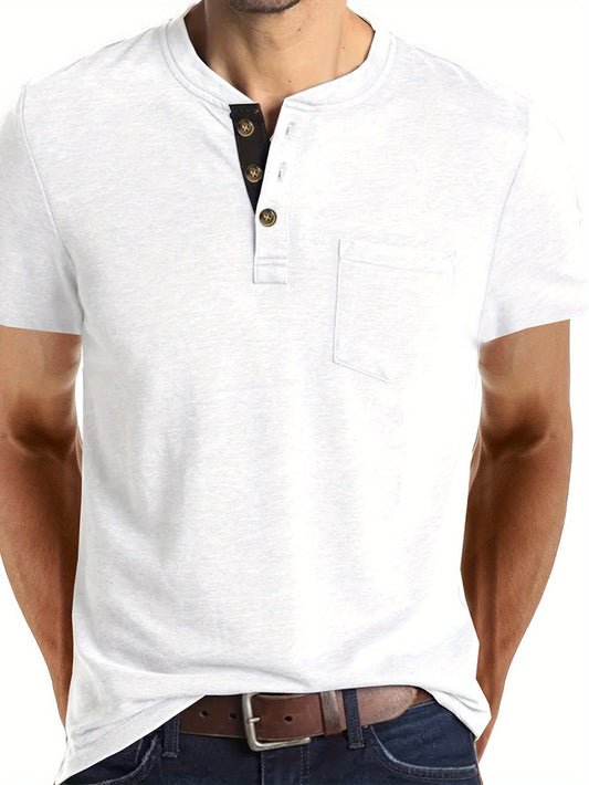 Męski t-shirt Henley z listwą na guziki i kieszenią na piersi – casualowa koszulka z krótkim rękawem na co dzień i na czas wolny