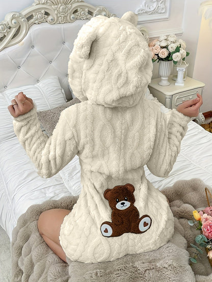 Teddybjørnepyjamas til damer i ét stykke med hætte og lynlås, hvid/sort