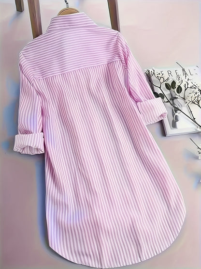 Dame langærmet skjortebluse med striber, afslappet elegant til kontor og hverdag
