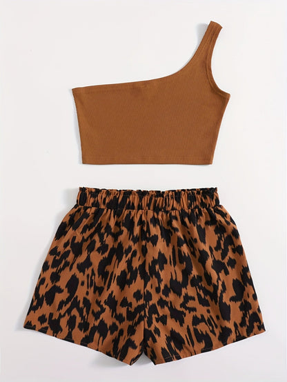 Damen Zweiteiler Set – Asymmetrisches One-Shoulder Top & High-Waist Shorts mit Animal Print, Elegant für Sommer