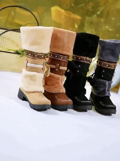 Damen Winterstiefel mit Kunstfell und Zierbändern, warmer gefütterter Schaft