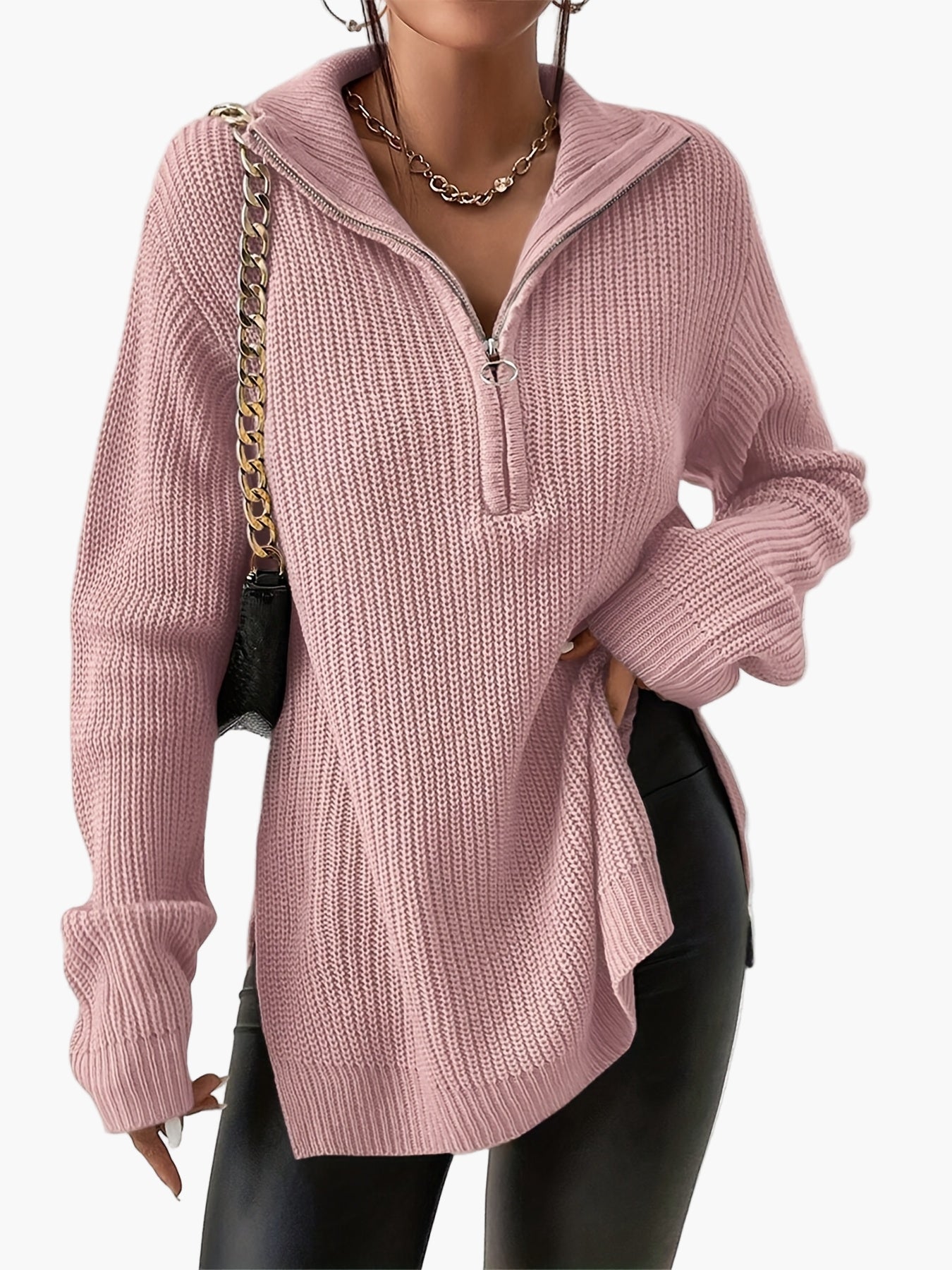 Damen Pullover Strickpullover mit Reißverschluss und Stehkragen – Modischer Herbst Winter Freizeit Look