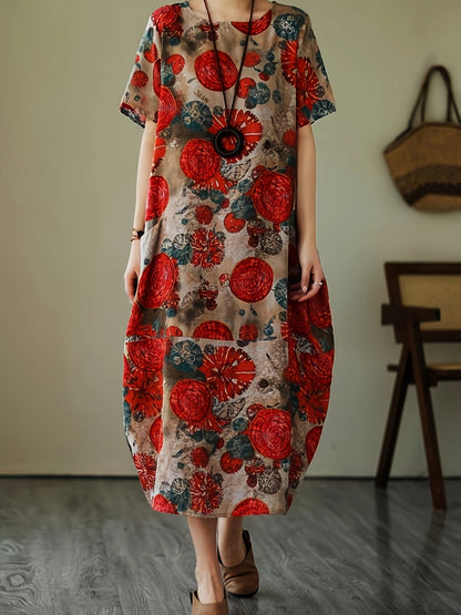 Damska sukienka casual z geometrycznym i botanicznym wzorem, oversize, z krótkim rękawem, swobodna