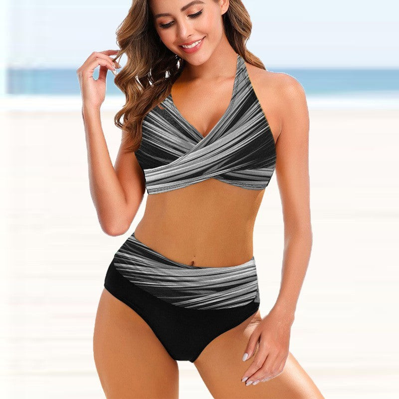 Conjunto de bikini de talle alto retro con rayas para mujer – Traje de baño sexy para playa y natación