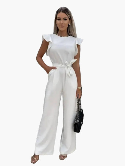 Dam jumpsuit Elegant business casual med volangärmar och knytbälte – Perfekt för kontor & speciella tillfällen