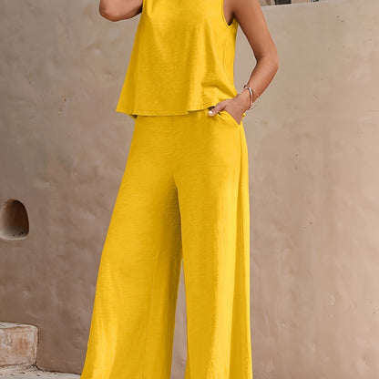 Damen Eleganter Zweiteiler mit Weit Bein Hose und Ärmellosem Top – Perfekt für Frühling und Sommer