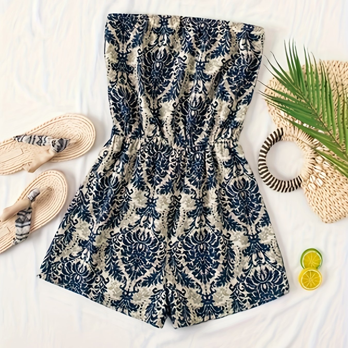 Damen Bandeau Jumpsuit mit elegantem Damastmuster – Stilvoller Einteiler für Sommer & Freizeit