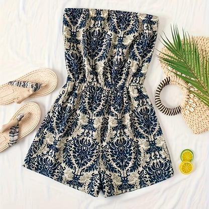 Damen Bandeau Jumpsuit mit elegantem Damastmuster – Stilvoller Einteiler für Sommer & Freizeit