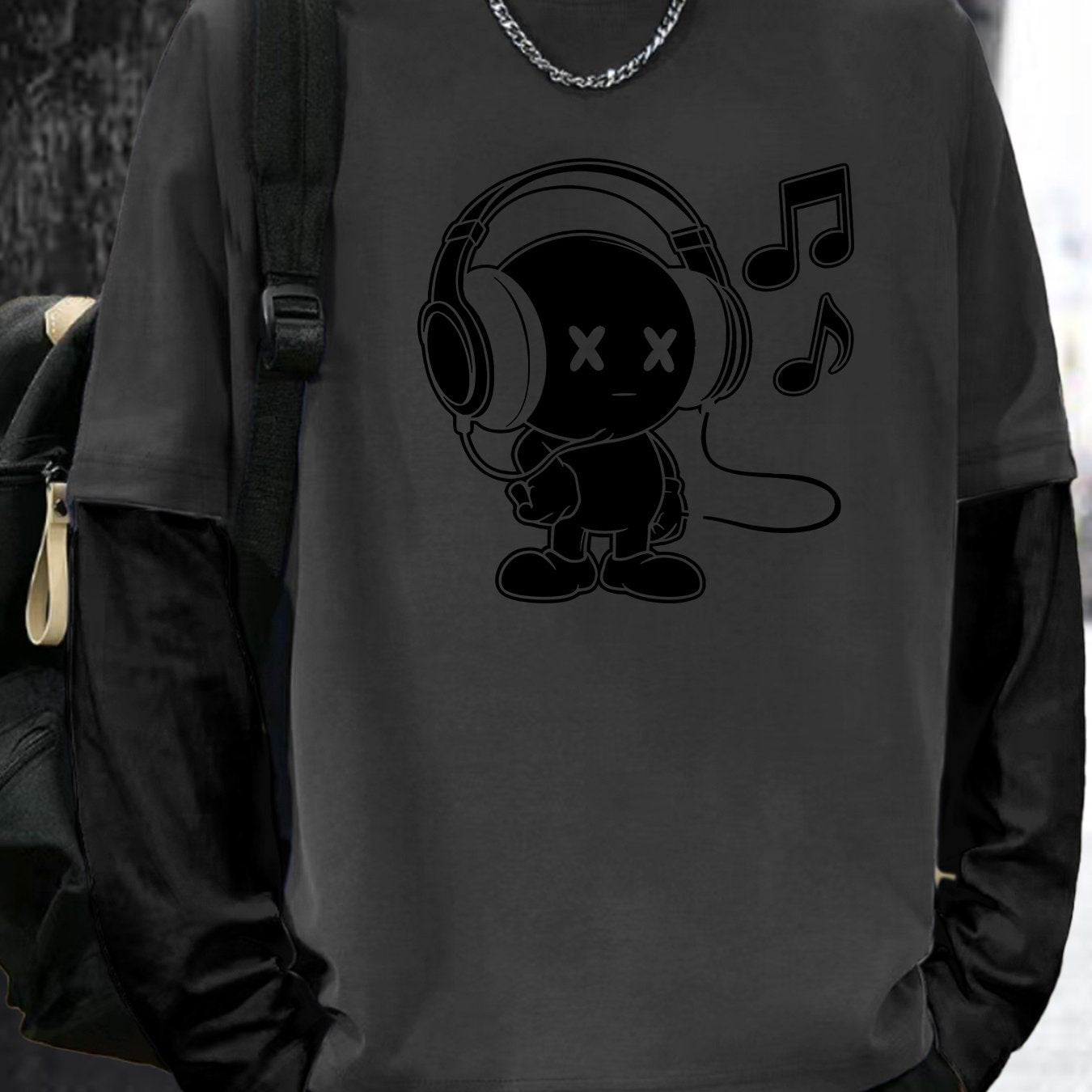 Unisex Langarm T-Shirt mit Cartoon-Print Kopfhörer