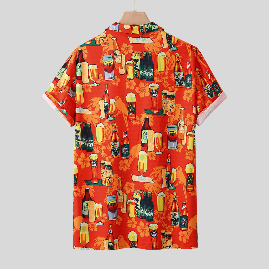 Chemise hawaïenne homme avec imprimé cocktails et bouteilles de bière – Chemise d'été Oktoberfest loisirs fête