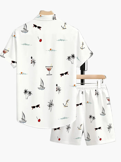 Set estivo uomo casual – Camicia a maniche corte e pantaloncini con stampa marina, ideale per vacanze e tempo libero