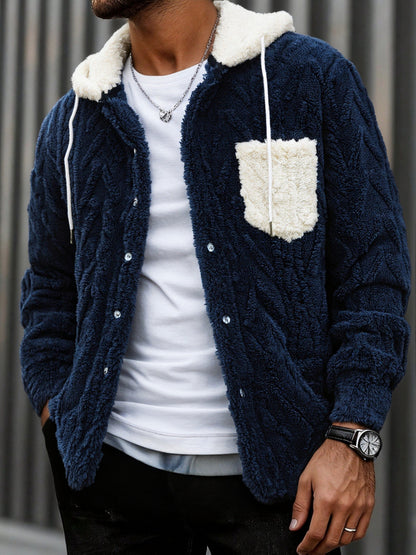Giacca da uomo in peluche con cappuccio, chiusura con bottoni, effetto teddy