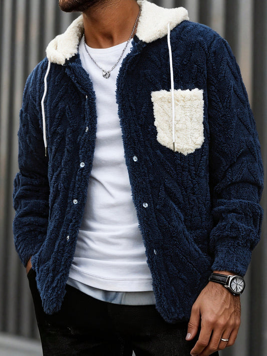 Herren Plüschjacke mit Kapuze, Knopfverschluss, Teddy-Optik