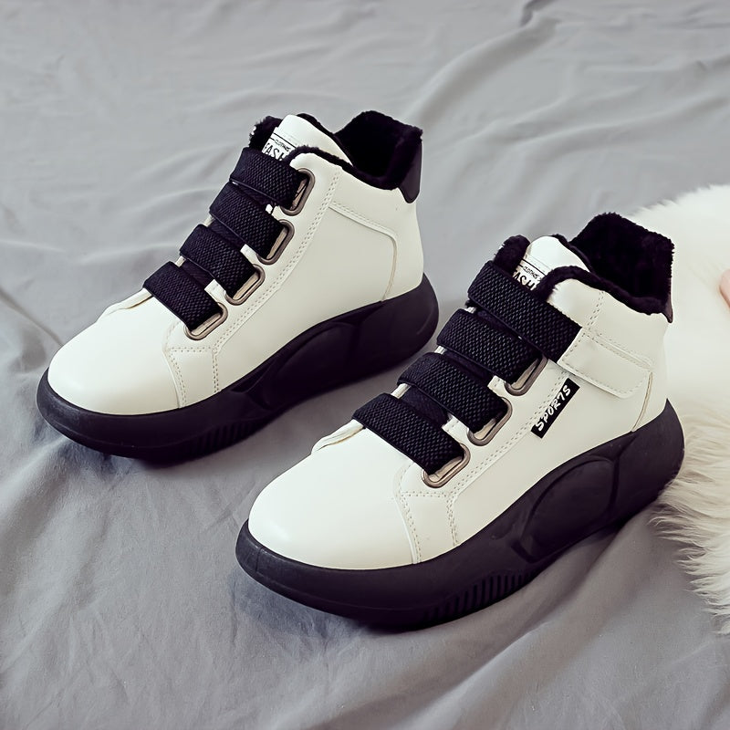 Dames wintersneakers, enkelhoog, warm gevoerd, plateauzool, klittenbandsluiting, zwart, wit, beige