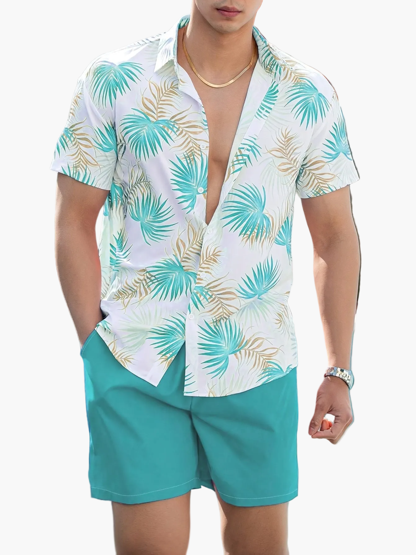 Ensemble d'été homme Chemise décontractée à imprimé tropical et short – Parfait pour la plage et les vacances