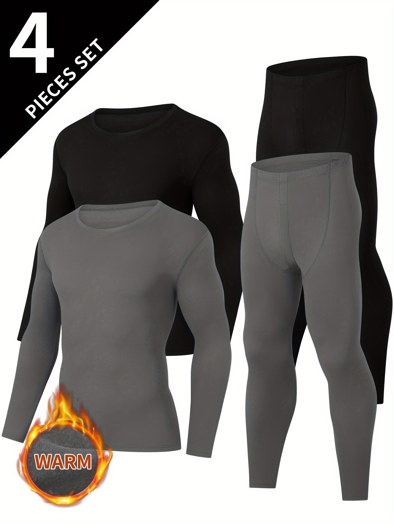 Conjunto de ropa interior térmica para hombre de 4 piezas, negro y gris, con camiseta de manga larga y pantalón largo