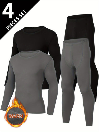 Conjunto de ropa interior térmica para hombre de 4 piezas, negro y gris, con camiseta de manga larga y pantalón largo