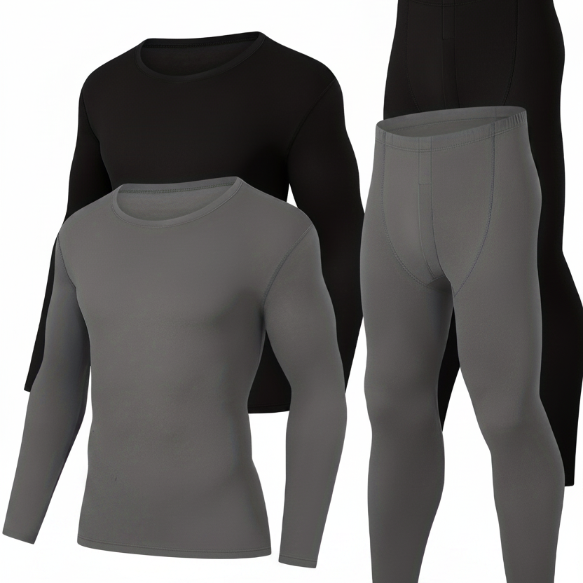 Conjunto de ropa interior térmica para hombre de 4 piezas, negro y gris, con camiseta de manga larga y pantalón largo