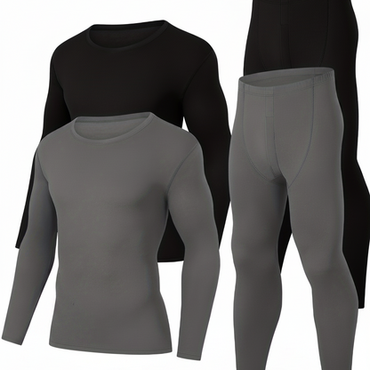 Conjunto de ropa interior térmica para hombre de 4 piezas, negro y gris, con camiseta de manga larga y pantalón largo
