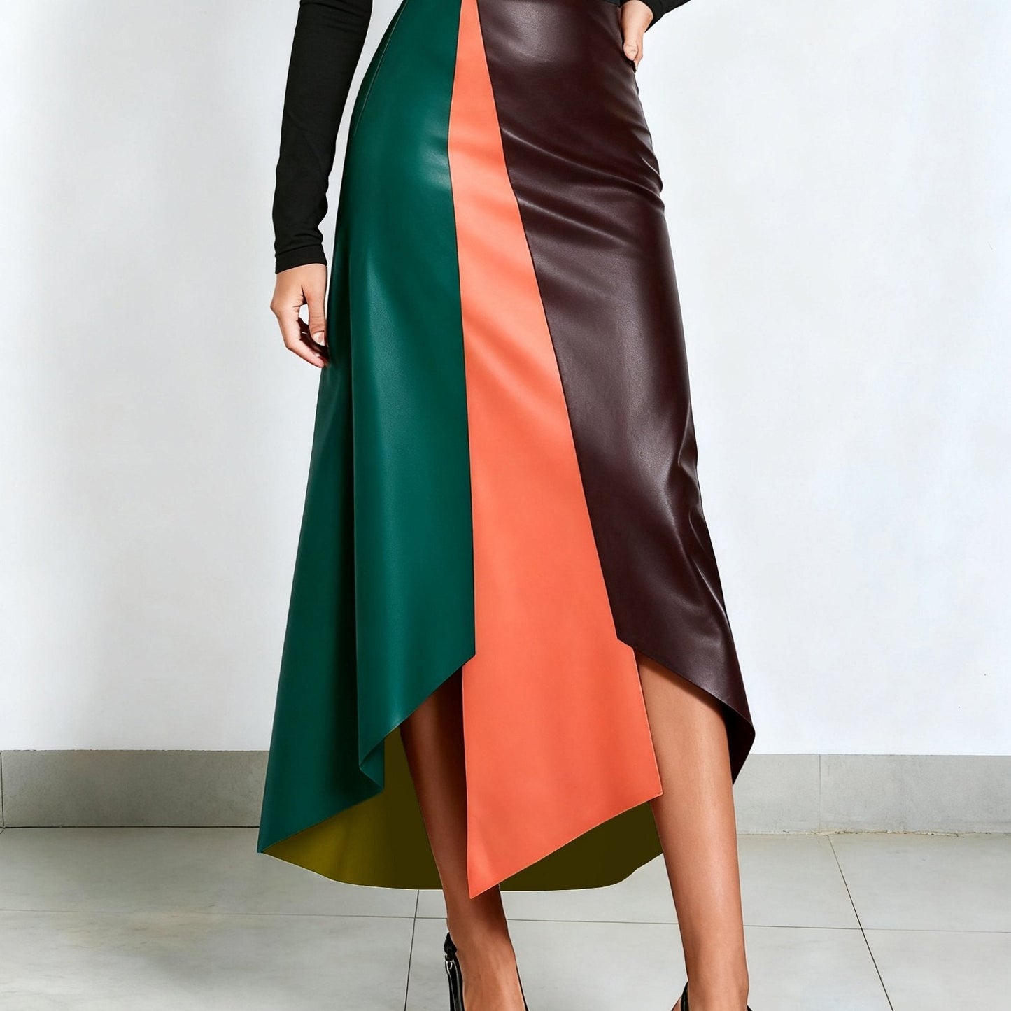 Gonna da donna color block con orlo asimmetrico in materiale similpelle