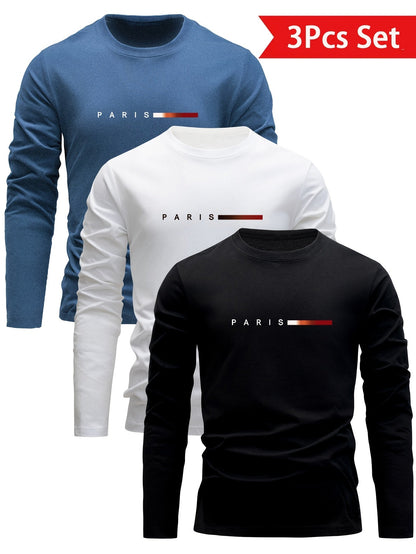 Herren Langarmshirt 3er-Set mit Rundhalsausschnitt und „Paris“-Druck