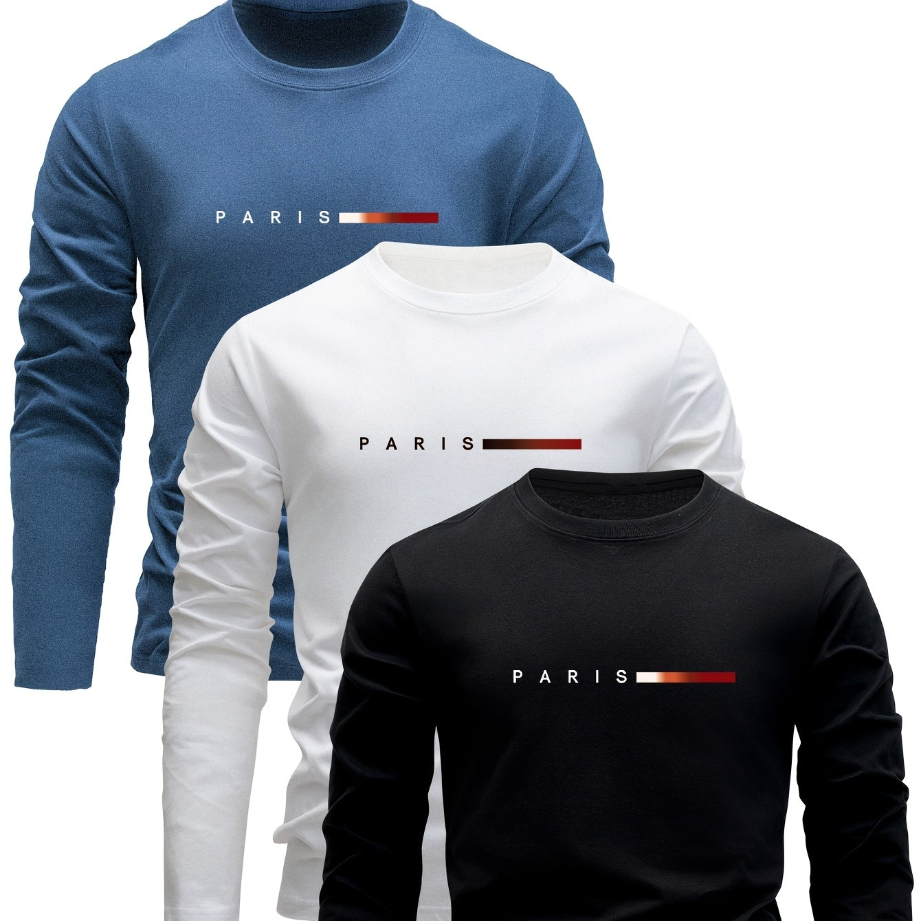 Herren Langarmshirt 3er-Set mit Rundhalsausschnitt und „Paris“-Druck