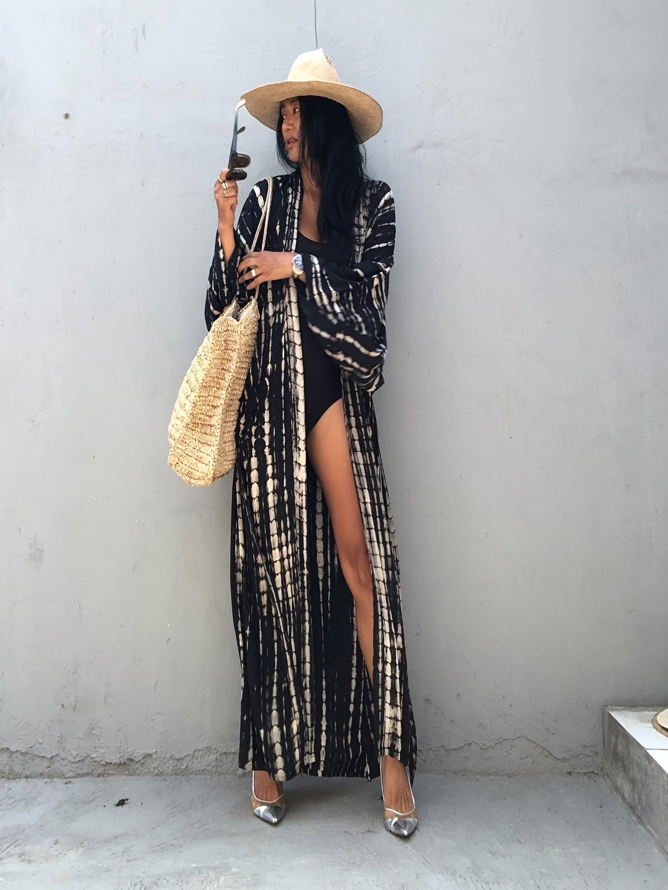 Dame maxikjole kimono-stil for ferie og strand, elegant overtrekksdesign