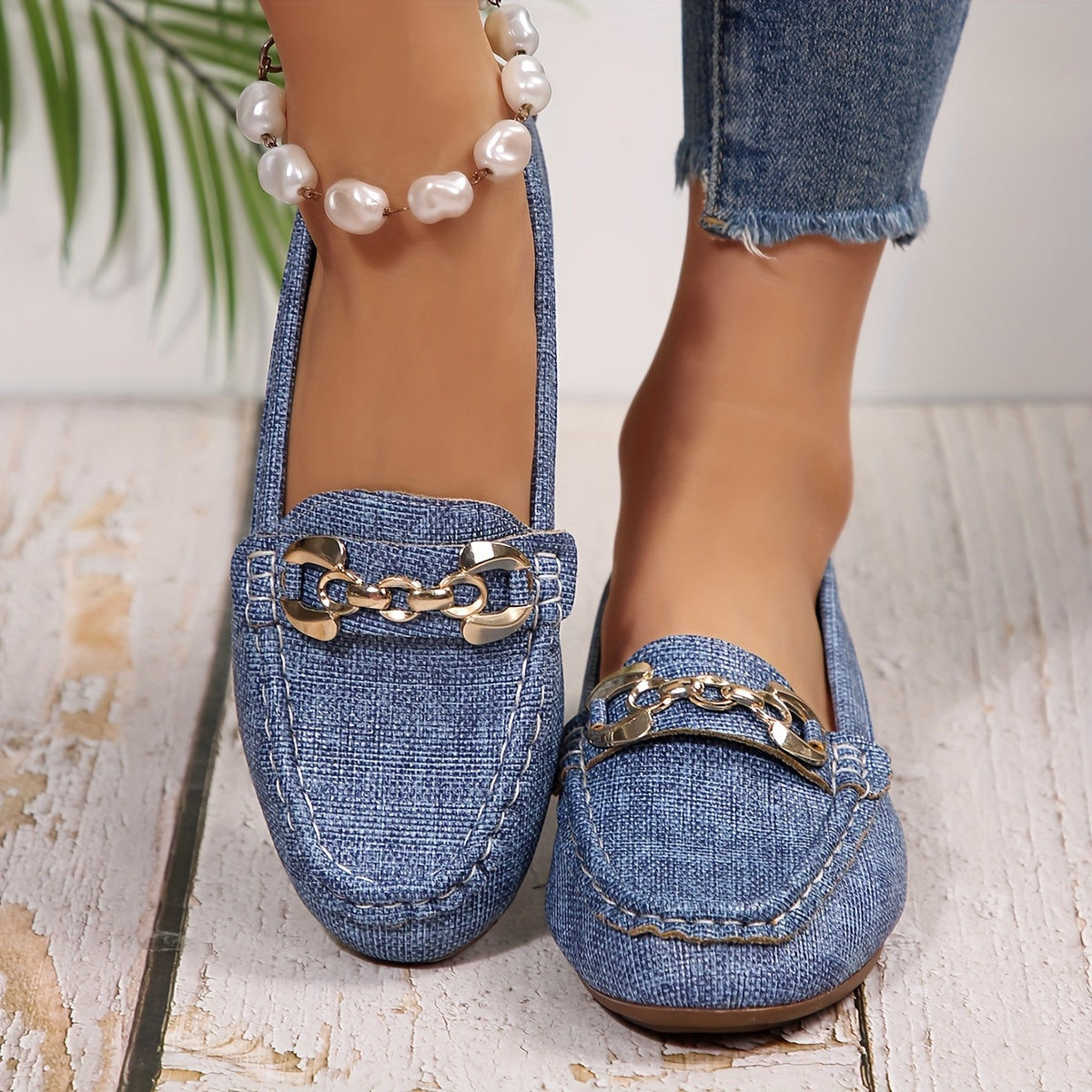 Damen Mokassins Slip-On Freizeitschuhe mit Kettendetail – Bequeme Alltagsloafers für Stil und Komfort