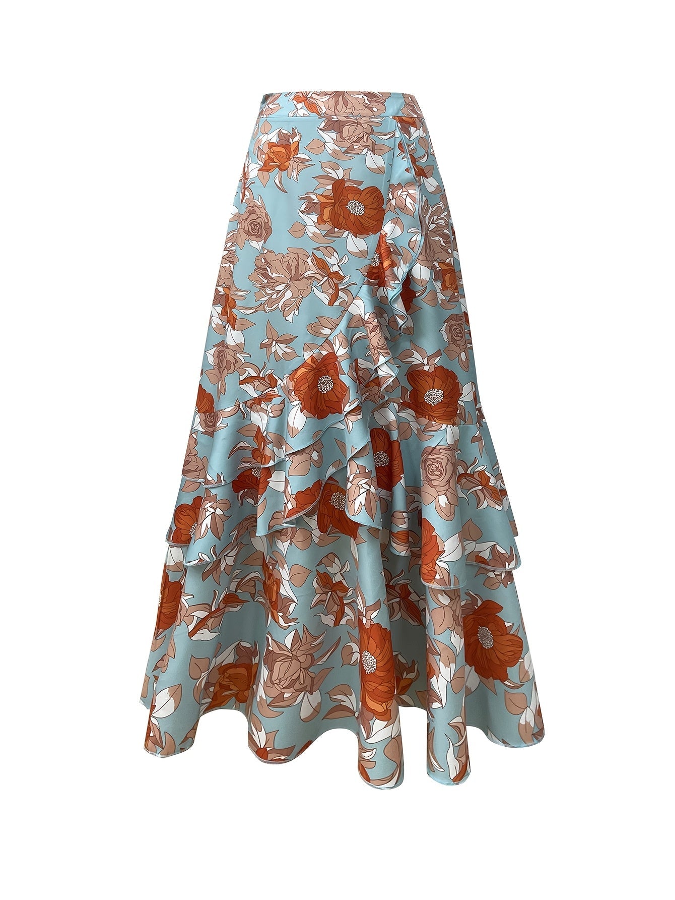 Dame maxiskjørt med blomsterprint og volanger – elegant sommerskjørt for hagefester og fritid