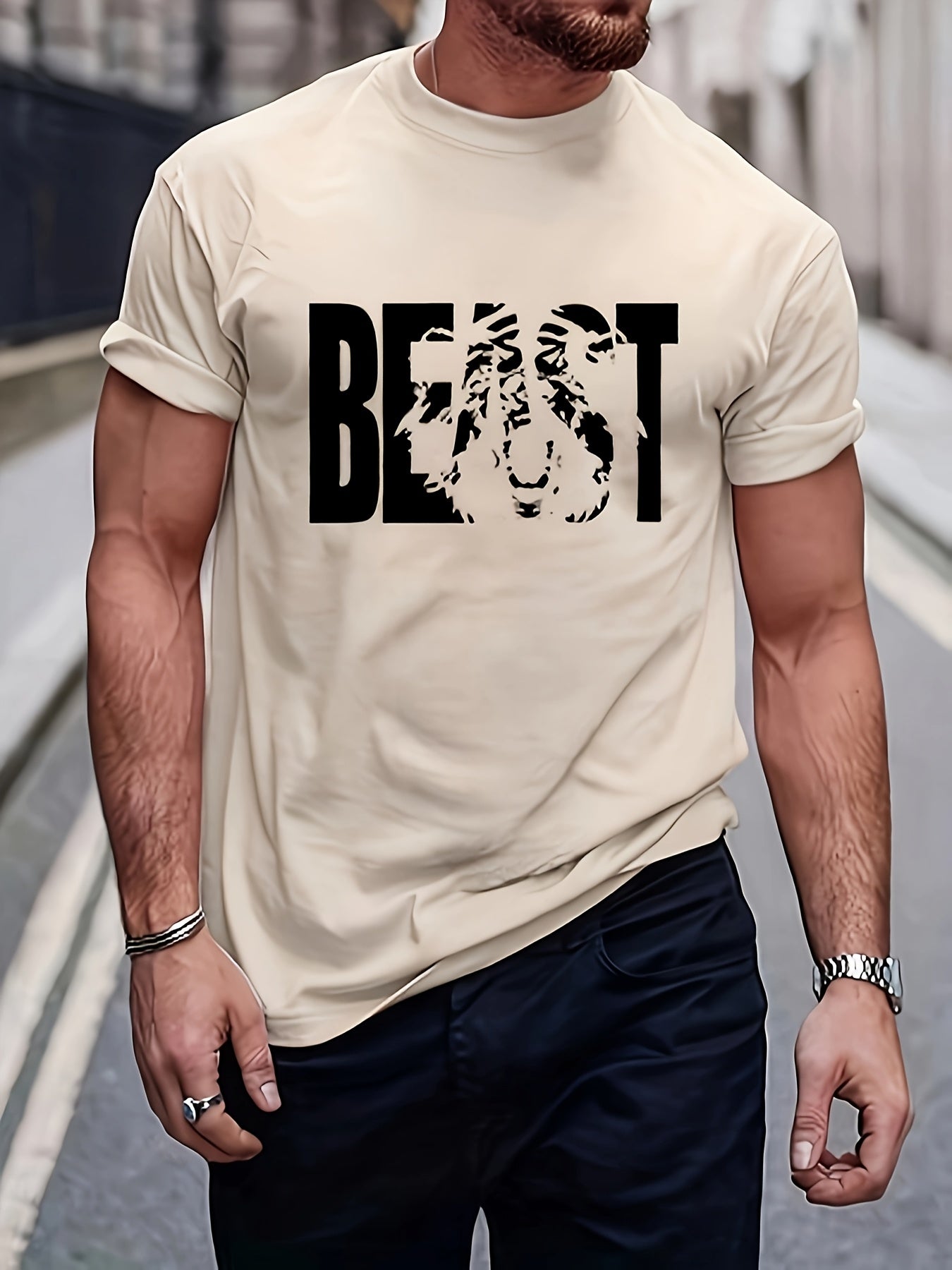 Herren T-Shirt im Urban Style mit „BEAST“-Print – Oversize, Streetwear, Motivdruck