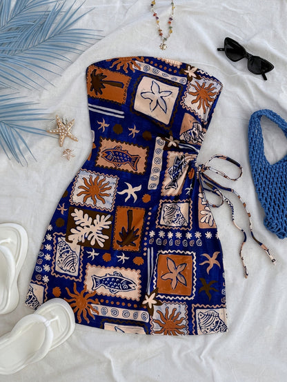 Damen Sommer Bandeau Mini Kleid mit Strandmotiv – Perfekt für Urlaub und Freizeit