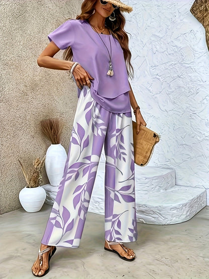 Damen Elegantes Sommer-Set mit Kurzarm-Shirt und weiter Hose, Freizeit-Outfit, Modernes Muster