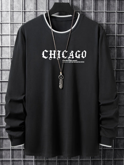 Herren Langarmshirt mit Chicago-Schriftzug und Rippbündchen, Rundhalsausschnitt