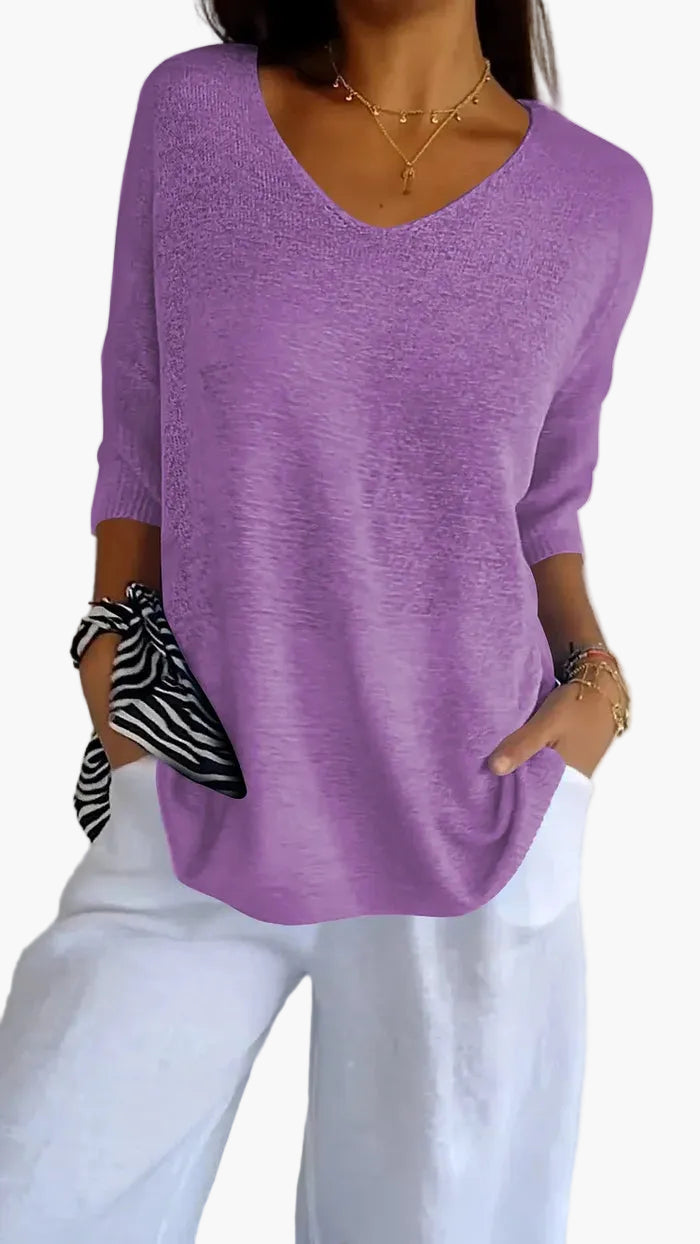 Top en maille femme avec décolleté en V – T-shirt décontracté ample pour le quotidien et les vacances
