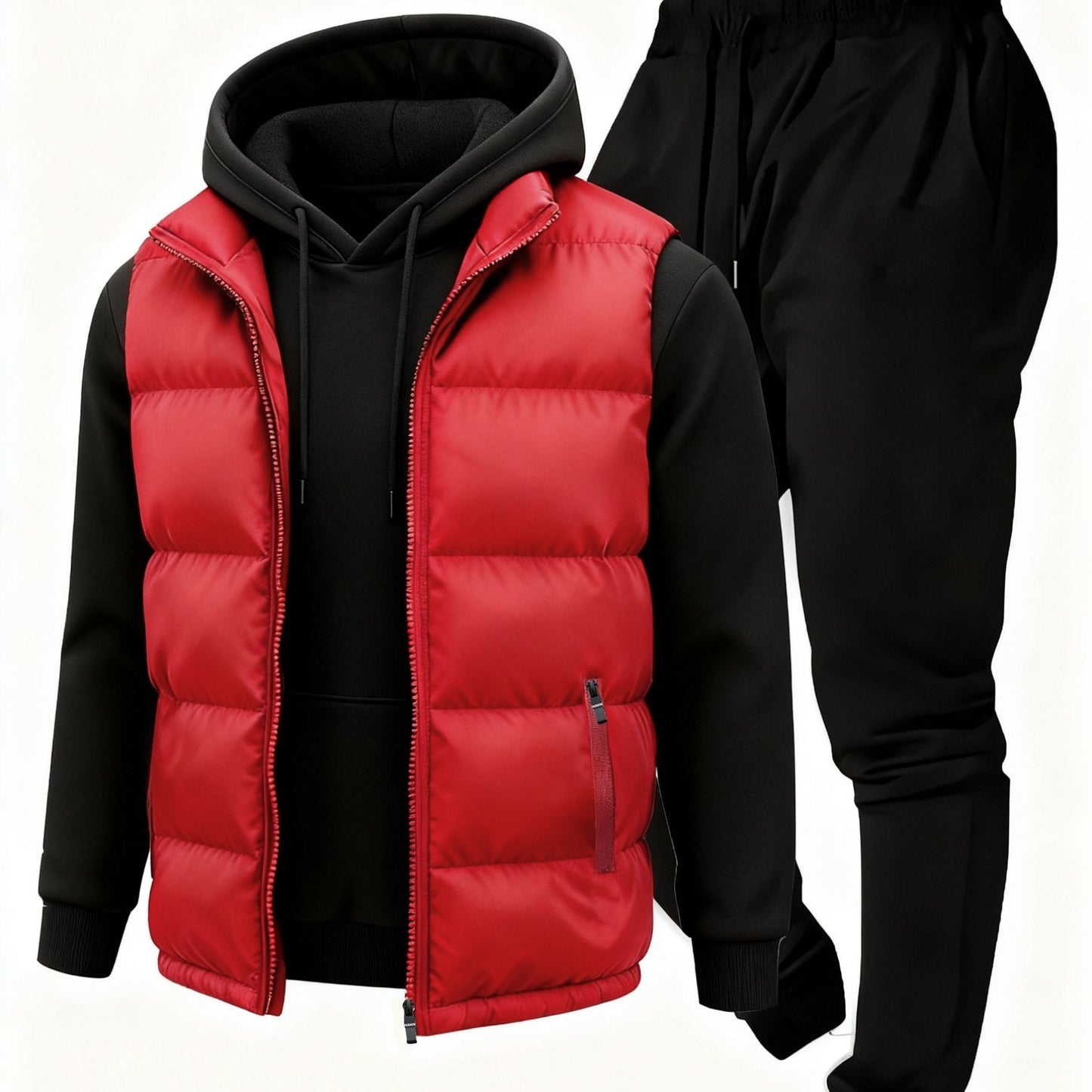 Herren Jogginganzug Set mit Hoodie, Hose und Weste, Schwarz