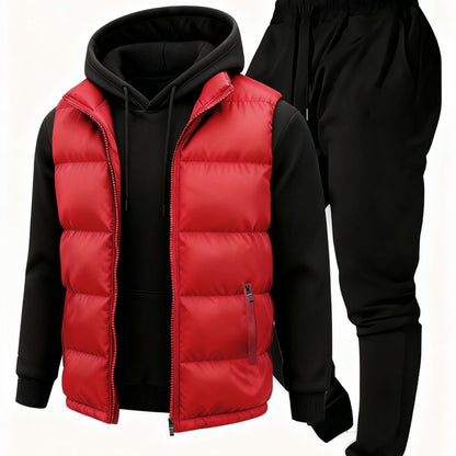 Herren Jogginganzug Set mit Hoodie, Hose und Weste, Schwarz