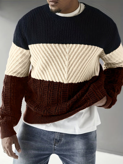 Maglione da uomo in maglia color block blu, beige e marrone, girocollo
