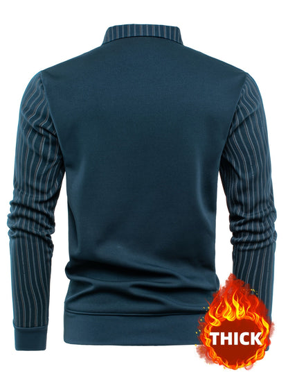 Jersey de hombre con cuello de camisa y escote en V, mangas a rayas, de manga larga, abrigado