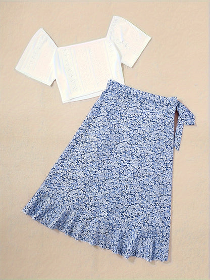Conjunto de dos piezas para mujer – Look veraniego y coqueto con blusa y falda cruzada con estampado floral, ideal para tiempo libre y vacaciones
