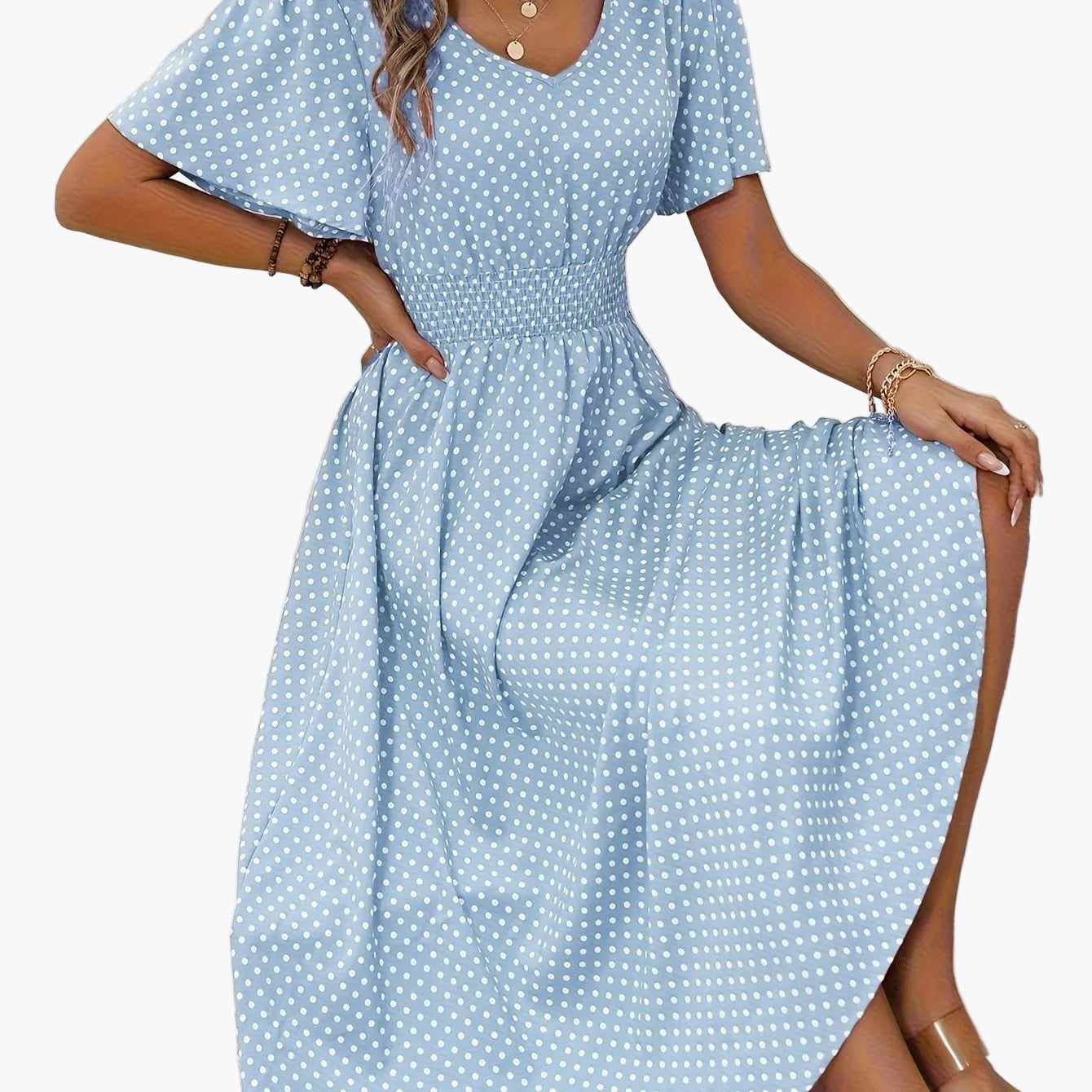 Robe décontractée à pois pour femme avec col en V et manches courtes – Élégante robe longue pour le printemps et l'été