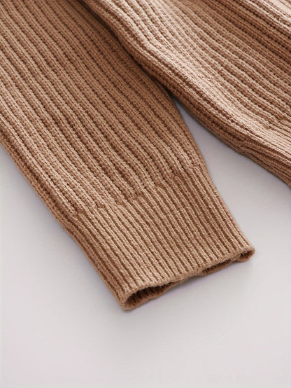 Strikpullover med hætte til mænd, blokstriber, brun og beige