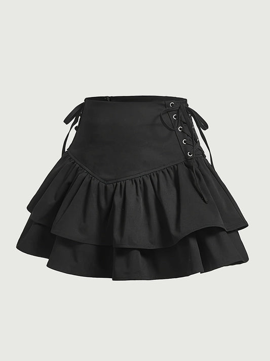 Dame Gothic flæse mininederdel med snøring – Elegant festnederdel i lag-på-lag look