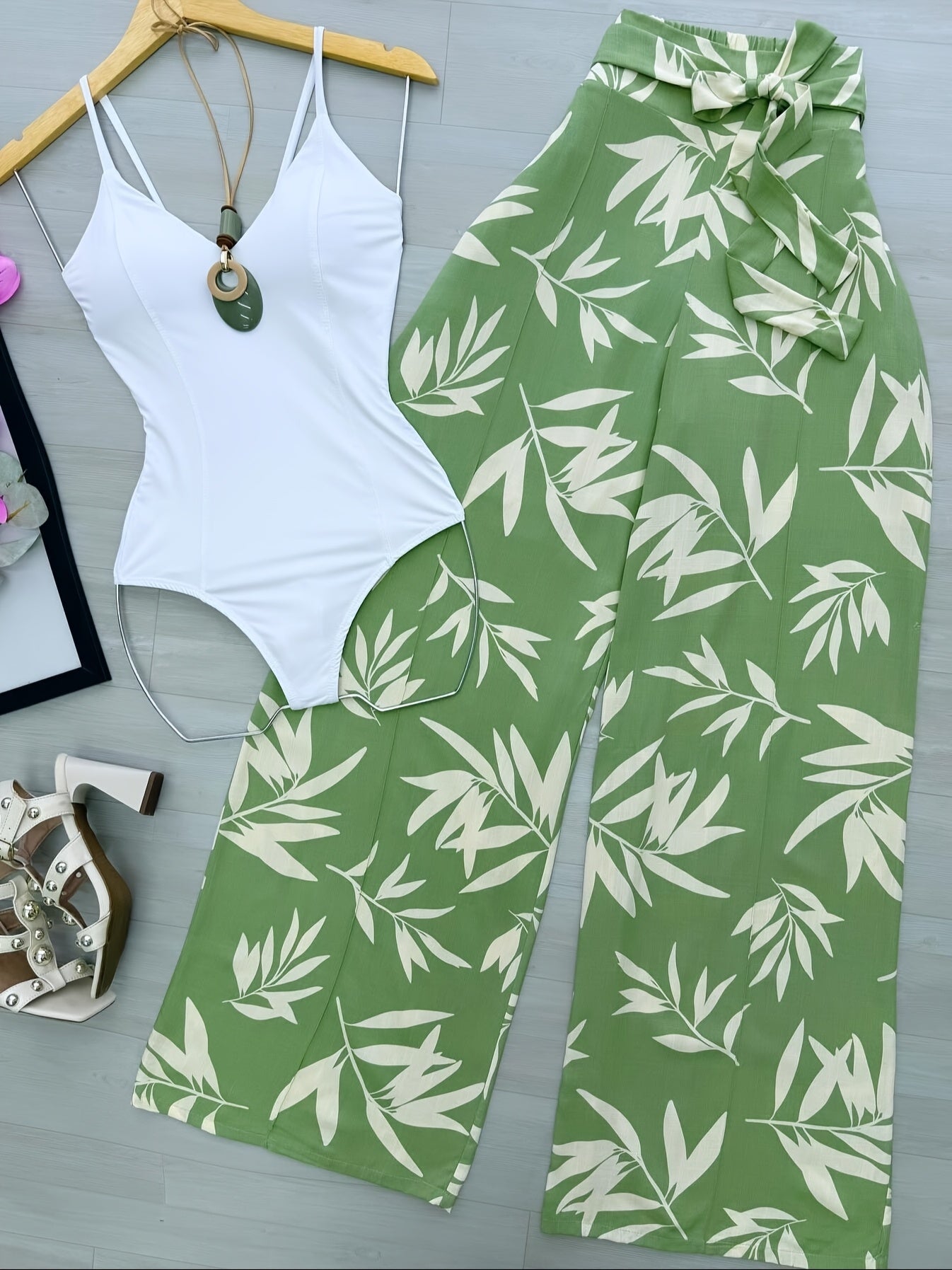 Pantalones Palazzo de talle alto para mujer con estampado de hojas – Estilo casual elegante para primavera y verano