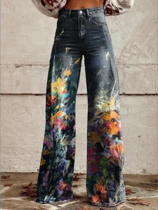 Jean large bohème pour femmes avec design artistique graphique et style vintage, idéal pour le streetwear et les festivals