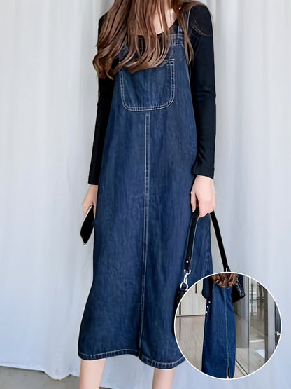 Abito jeans casual da donna con spalline e tasca frontale – Abito salopette midi per tutti i giorni e tempo libero